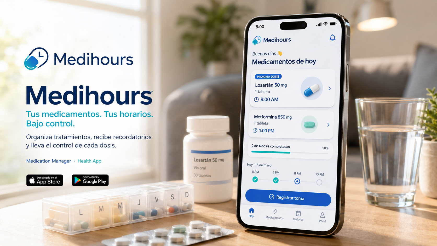 Interfaz de Medihours para gestionar medicamentos y dosis
